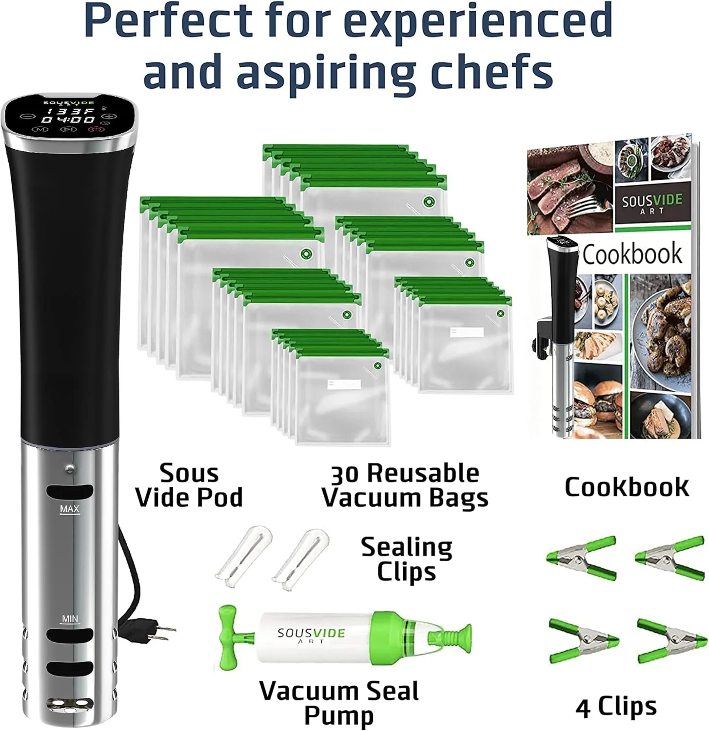 SOUSVIDE ART Sous Vide Immersion Cooker Kit - Machine with Digital Timer, Temp Control, 30 Bags, Vacuum Pump, Suvee Cooker Gift for Chefs
