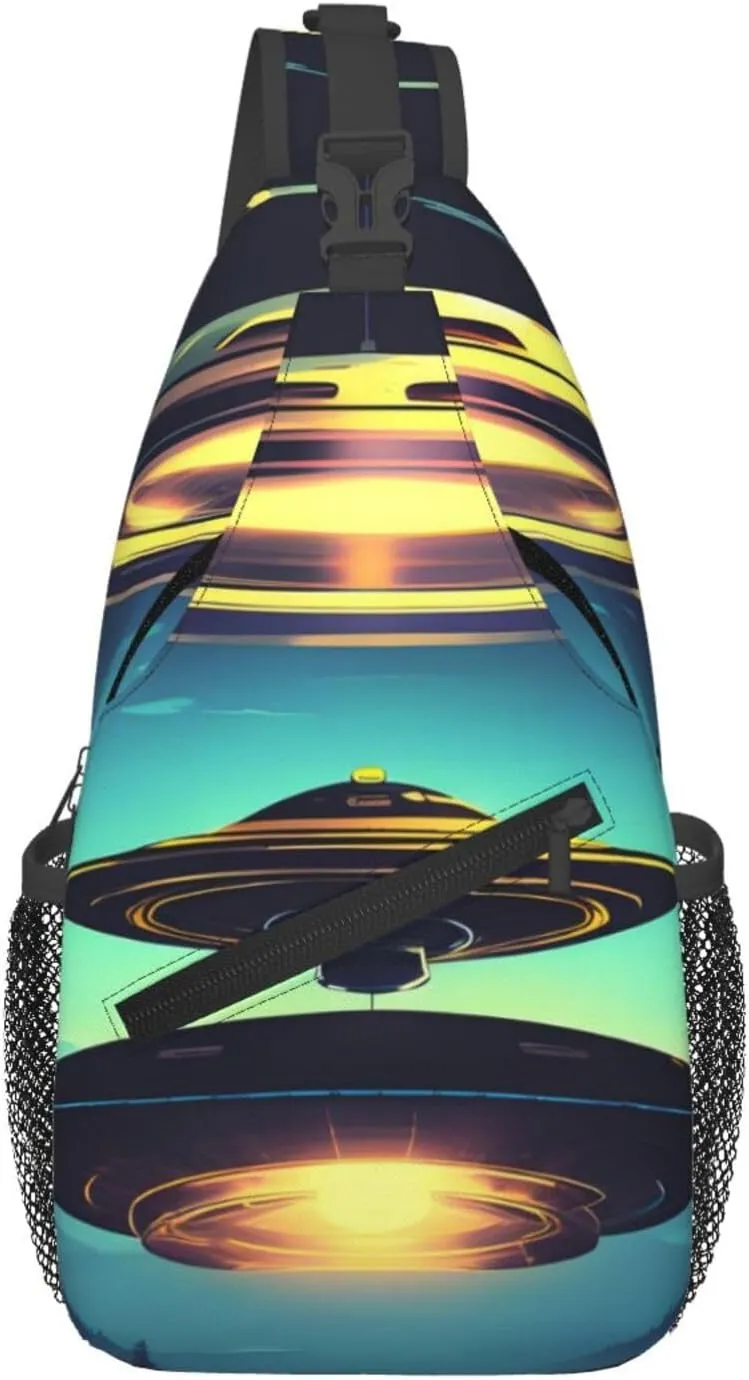 Spacecraft descend Patterned multifunctional crossbody chest bag, suitable for casual hiking, unisex, convenient travel backpack
