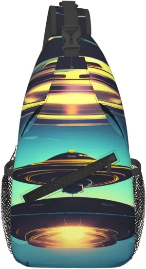 Spacecraft descend Patterned multifunctional crossbody chest bag, suitable for casual hiking, unisex, convenient travel backpack