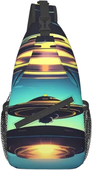Spacecraft Descend Printed Crossbody Sling Backpack,Casual Chest Bag Daypack,Crossbody Shoulder Bag For Travel Sports Hiking, Black