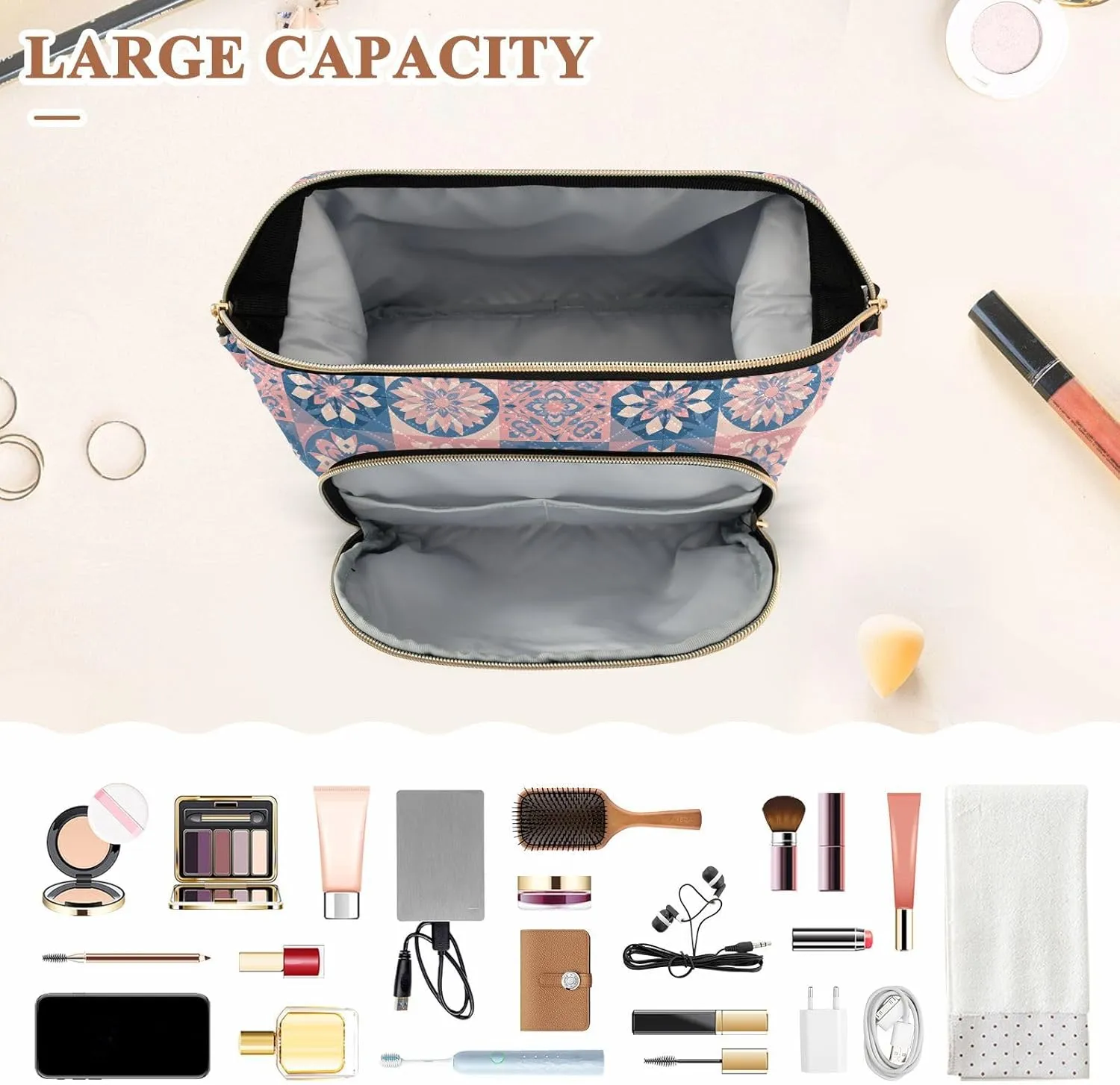 Spacious Quilted Cosmetic Bag Travel Toiletry Organizer with Padded Design