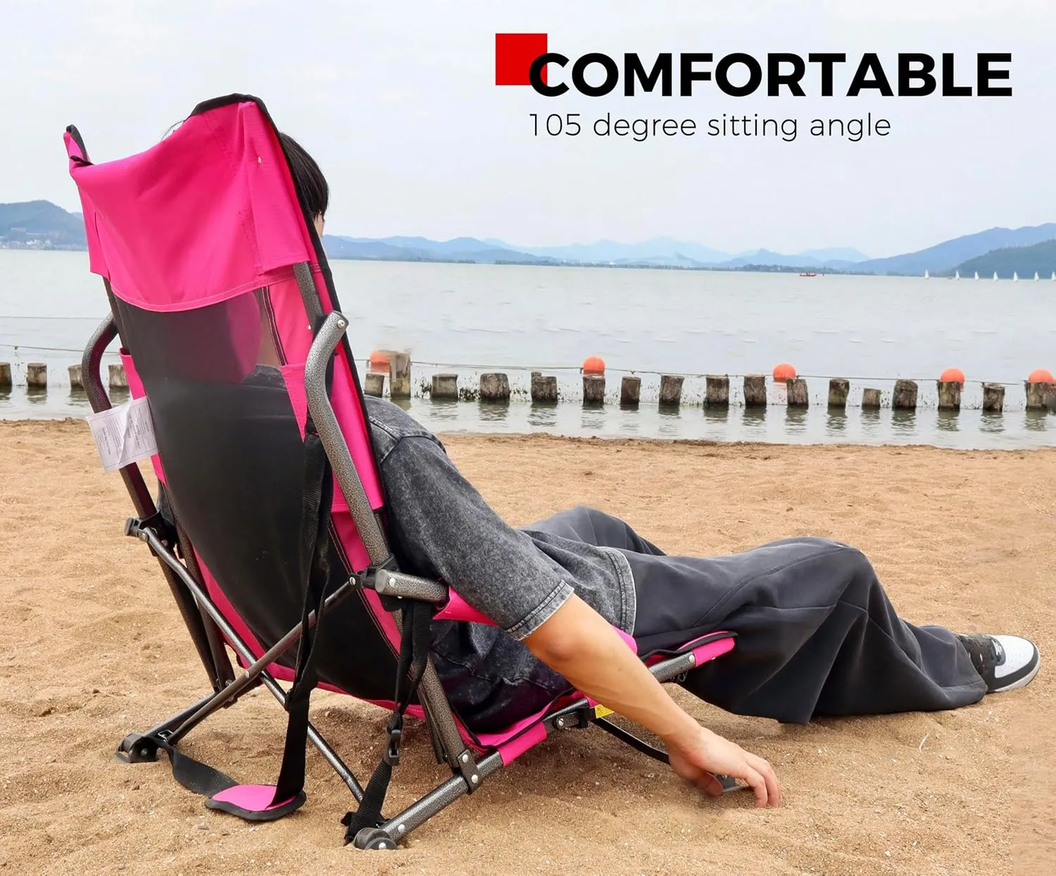 SPORT BEATS Low Beach Chairs Set of 2 Folding Beach Chairs High Back Support with Head Pillows Shoulder Straps