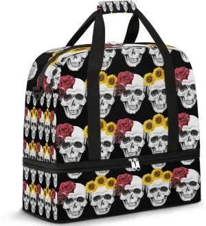 Sports Duffel Bag, Foldable Skeleton Floral Rose Vintage Travel Duffel Bag, Gym Yoga Beach Bag Weekender Overnight Bag with Shoes Compartment for Men Women, Gothic Skull