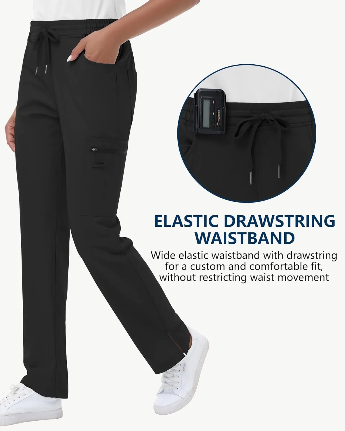 Straight Leg Scrub Pants for Women with 8 Pockets High Rise Modern Classic Fit Cargo Scrub Bottom Elastic Waist Medical
