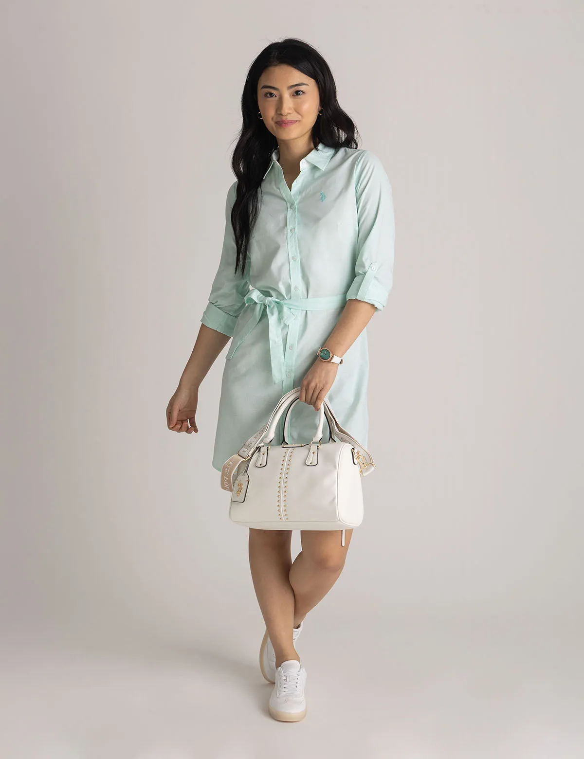 STUDDED SATCHEL WITH CROSSBODY STRAP