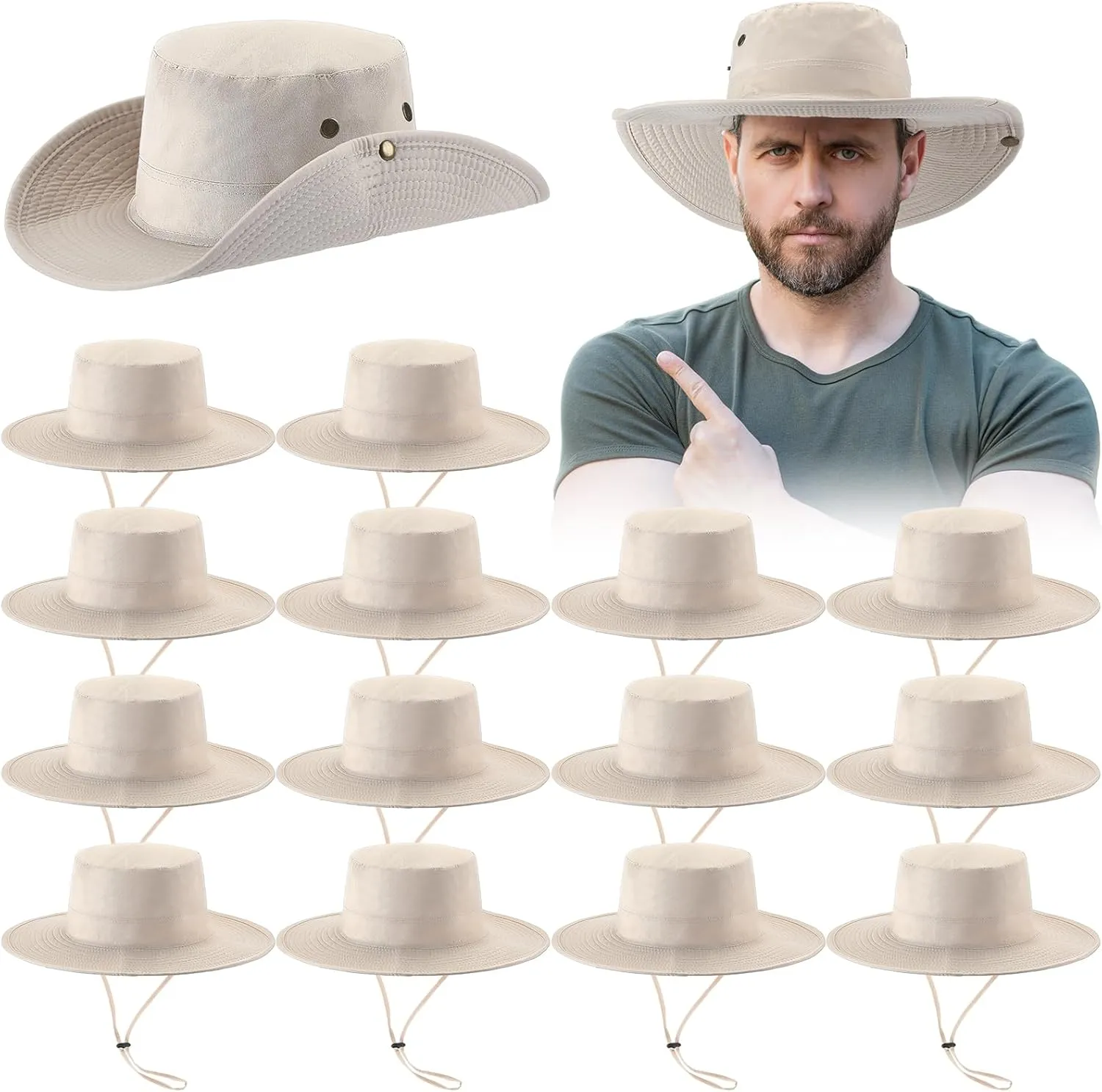 Suhine 15 Pcs Wide Brim Boonie Hat Bucket Boonie Hat for Men Unisex Uv Sun Protection Summer Hiking Fishing Safari Beach Camping Outdoor Khaki
