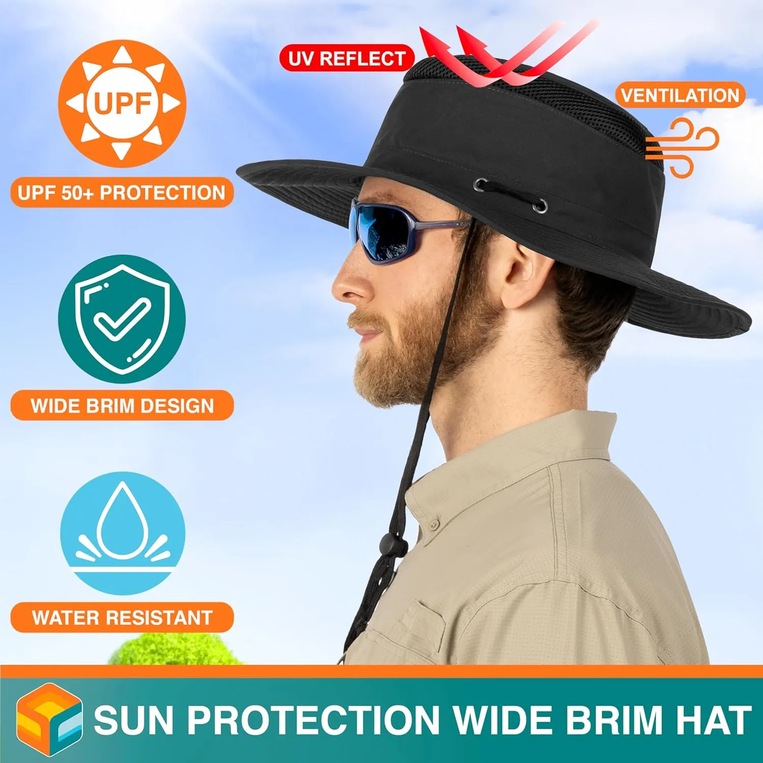 SUN CUBE Wide Brim Sun Hat for Men Women, Sun Protection UV Hat, Safari Hiking Boonie Hat