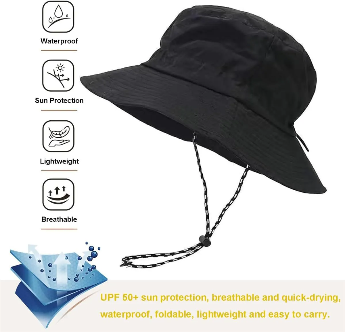Sun Hat Waterproof Bucket Hat UV Protection Fishing Hat with Chinstrap Quick Drying Foldable Fisherman Hat for Men Women