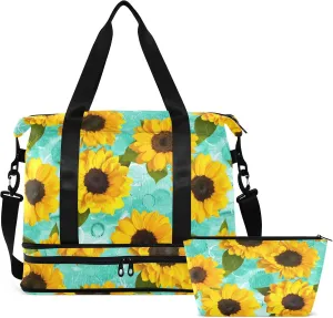 Sunflowers Teal Spring Travel Duffel Bag Floral Yellow Green Weekender Bags for Women Men With Shoes Compartments Large Overnight Carry on Weekend Tote With Toiletry Bag for Travel Sport Yoga 17 Inch