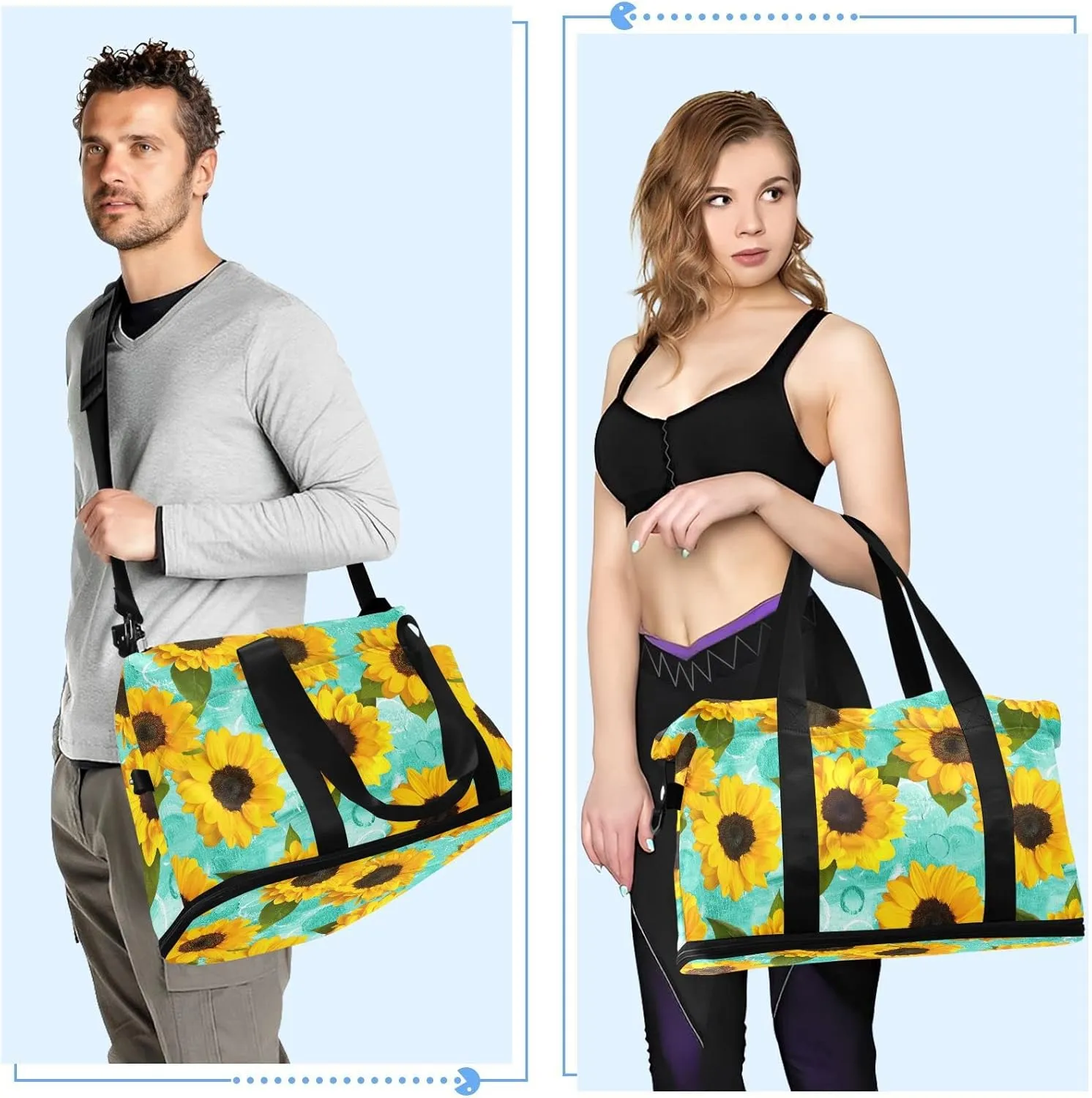 Sunflowers Teal Spring Travel Duffel Bag Floral Yellow Green Weekender Bags for Women Men With Shoes Compartments Large Overnight Carry on Weekend Tote With Toiletry Bag for Travel Sport Yoga 17 Inch