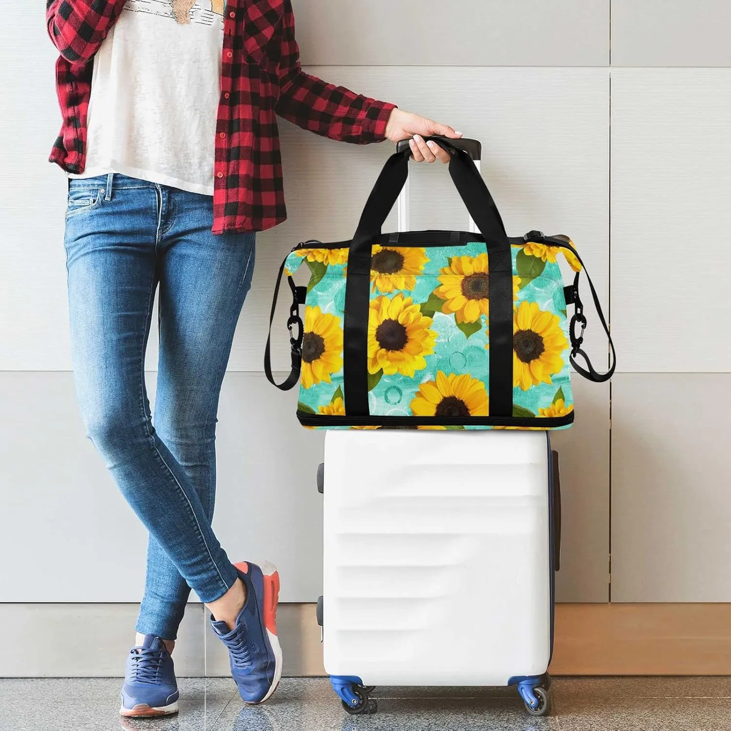 Sunflowers Teal Spring Travel Duffel Bag Floral Yellow Green Weekender Bags for Women Men With Shoes Compartments Large Overnight Carry on Weekend Tote With Toiletry Bag for Travel Sport Yoga 17 Inch