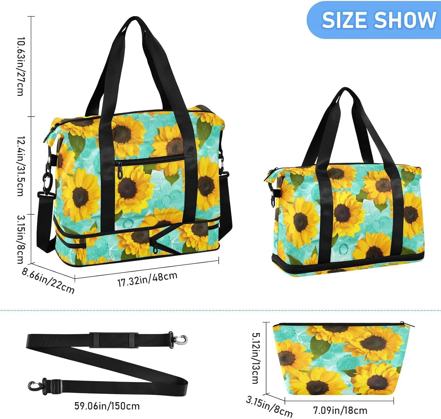 Sunflowers Teal Spring Travel Duffel Bag Floral Yellow Green Weekender Bags for Women Men With Shoes Compartments Large Overnight Carry on Weekend Tote With Toiletry Bag for Travel Sport Yoga 17 Inch