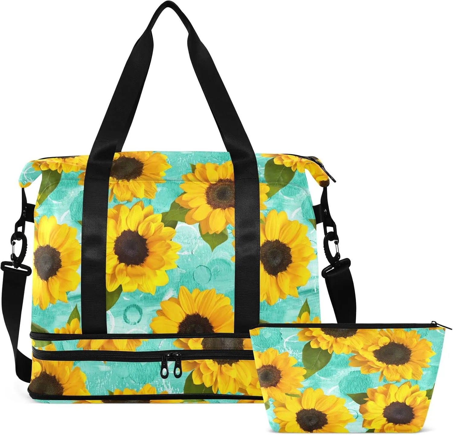 Sunflowers Teal Spring Travel Duffel Bag Floral Yellow Green Weekender Bags for Women Men With Shoes Compartments Large Overnight Carry on Weekend Tote With Toiletry Bag for Travel Sport Yoga 17 Inch
