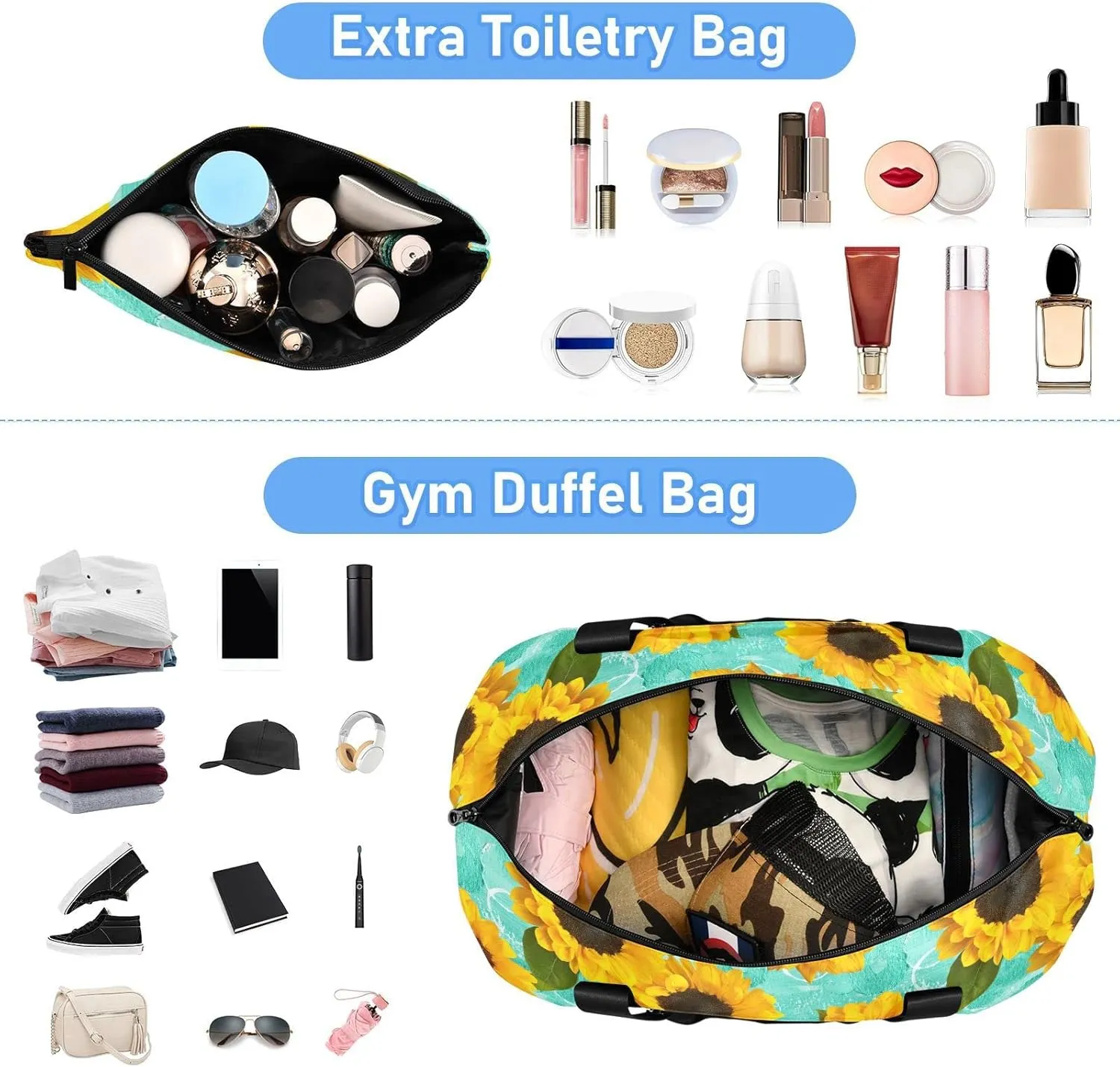 Sunflowers Teal Spring Travel Duffel Bag Floral Yellow Green Weekender Bags for Women Men With Shoes Compartments Large Overnight Carry on Weekend Tote With Toiletry Bag for Travel Sport Yoga 17 Inch