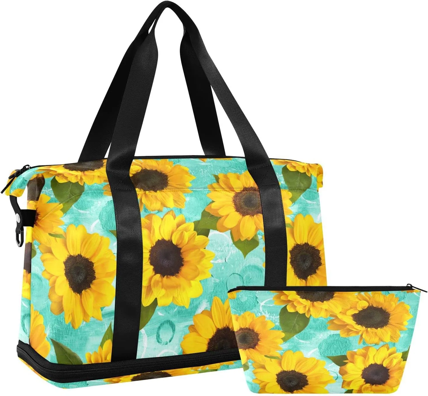 Sunflowers Teal Spring Travel Duffel Bag Floral Yellow Green Weekender Bags for Women Men With Shoes Compartments Large Overnight Carry on Weekend Tote With Toiletry Bag for Travel Sport Yoga 17 Inch
