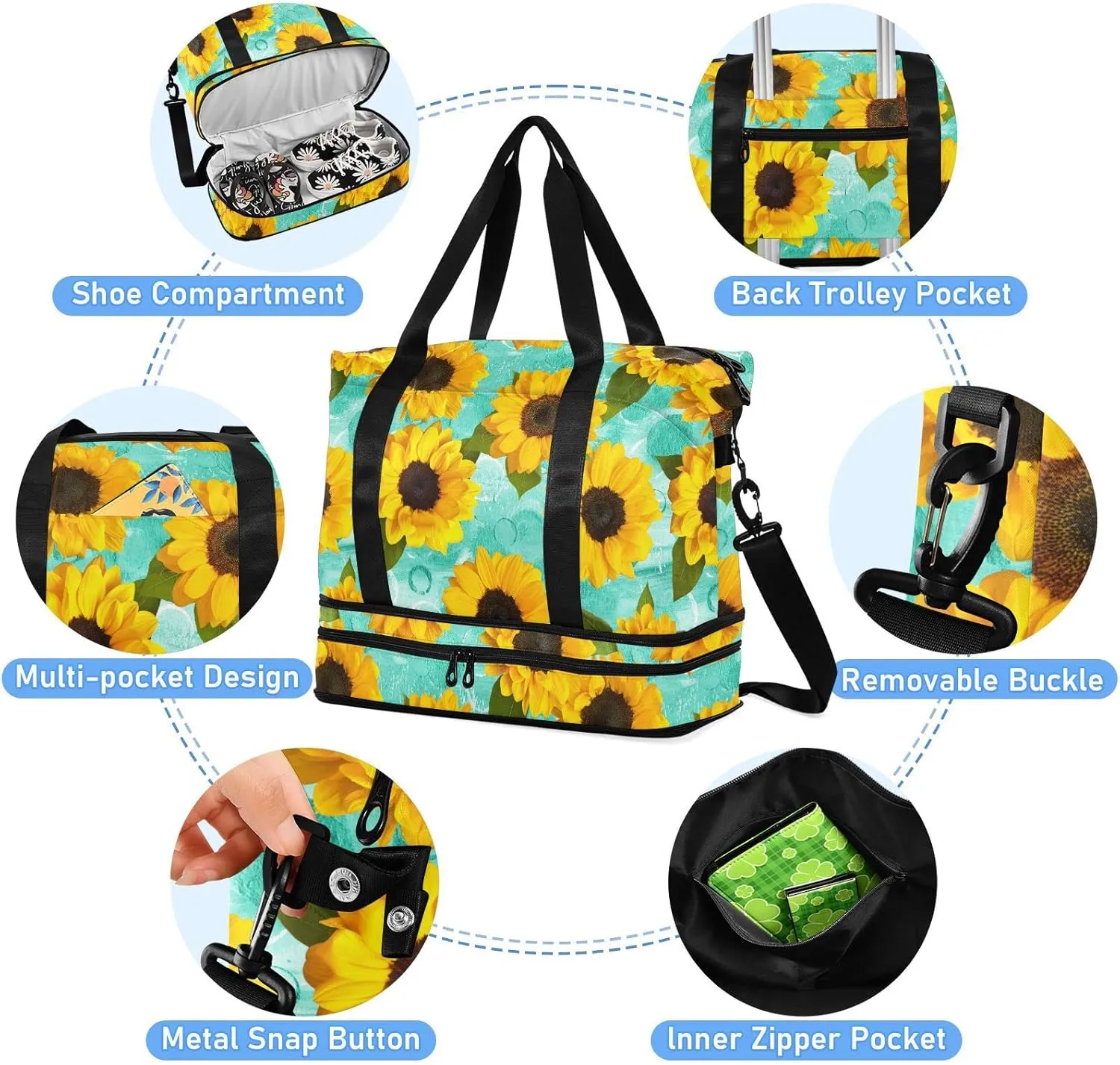 Sunflowers Teal Spring Travel Duffel Bag Floral Yellow Green Weekender Bags for Women Men With Shoes Compartments Large Overnight Carry on Weekend Tote With Toiletry Bag for Travel Sport Yoga 17 Inch