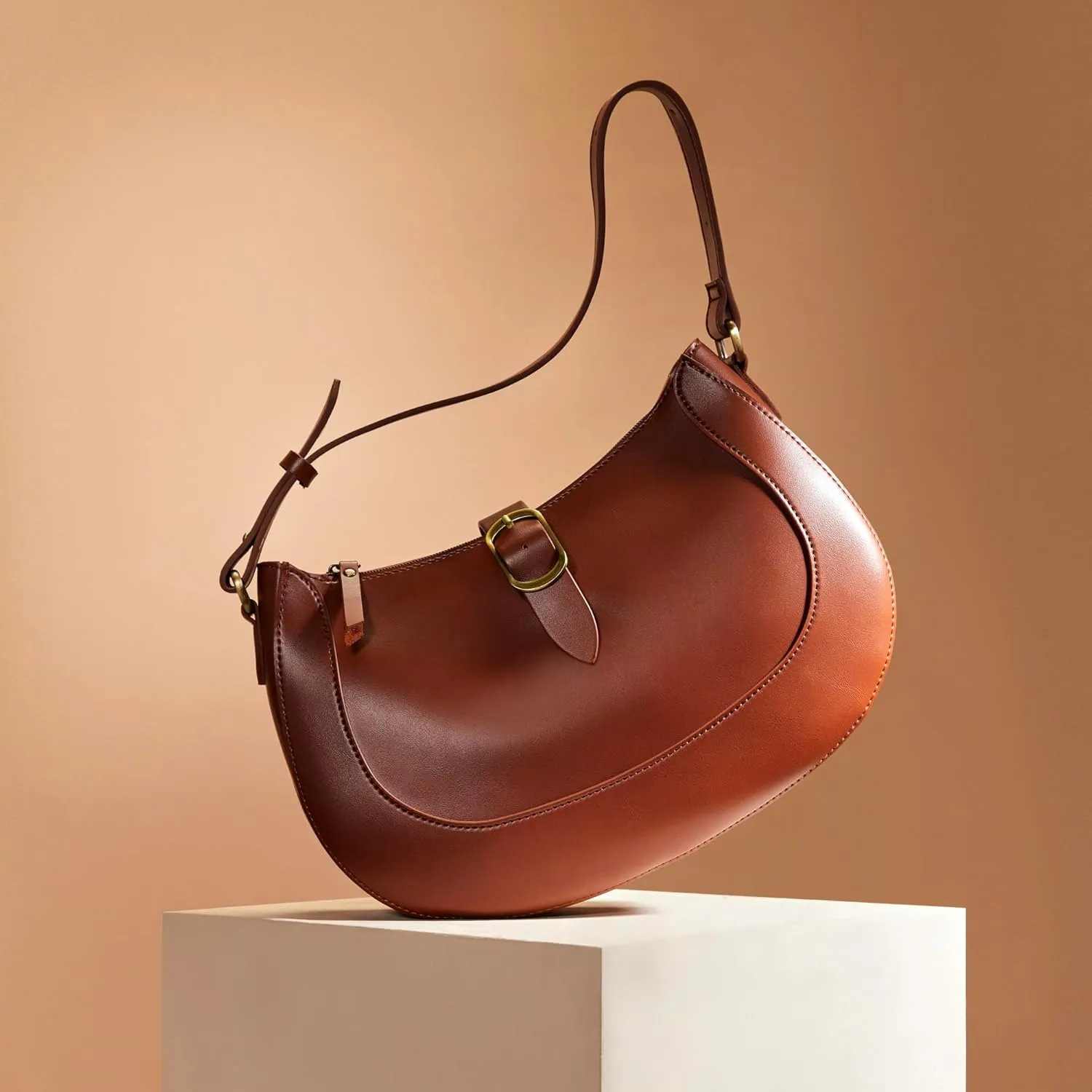 SUNLIGHT LEAVES Vintage Vegan Leather Crescent Hobo Bag For Women Lunar Shoulder Purse Satchel Under Arm Lady Handbag