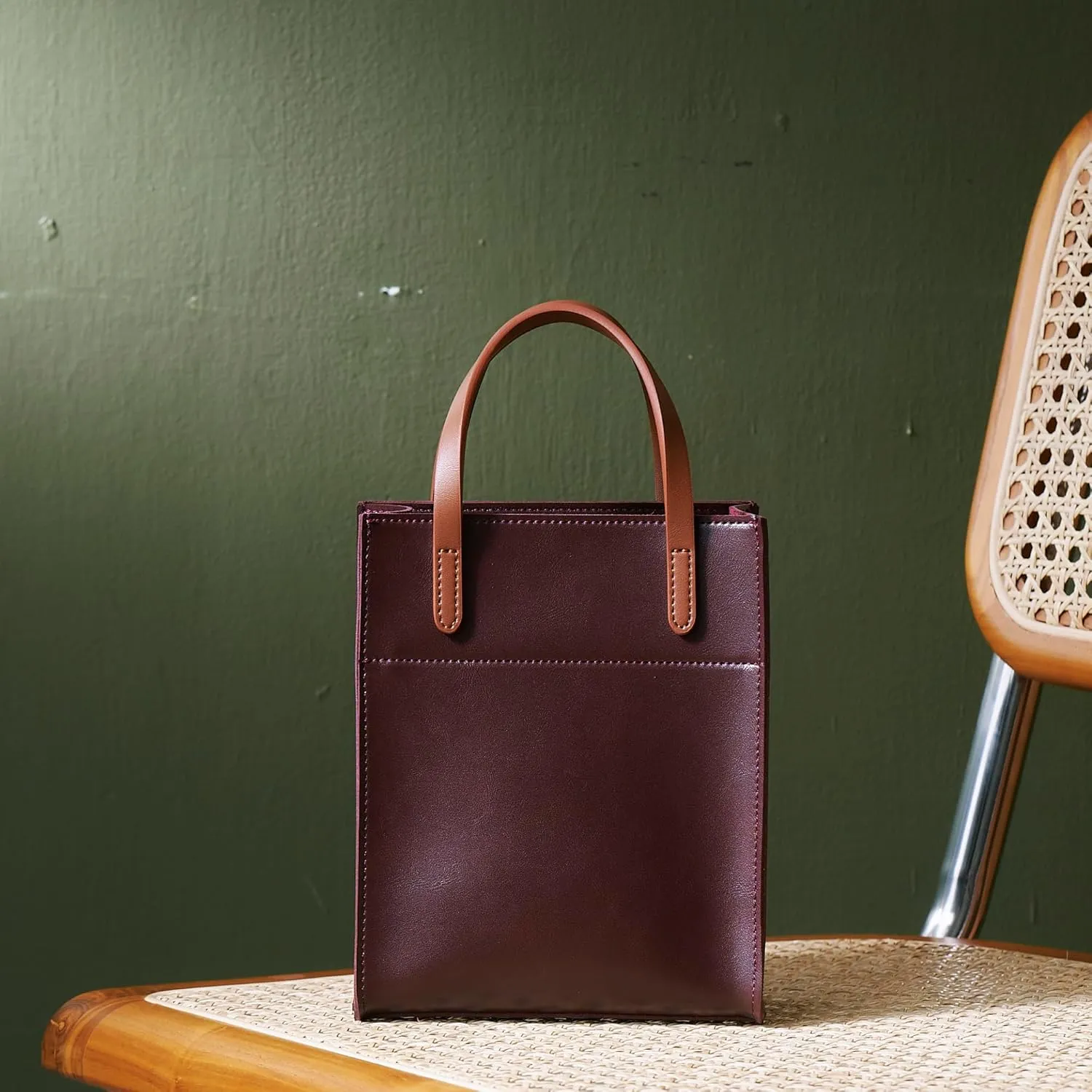 SUNLIGHT LEAVES Vintage Vegan Leather Mini Tote Bag For Women Simple Small Handle Purse Cute Cell Phone Satchel Lady Handbag