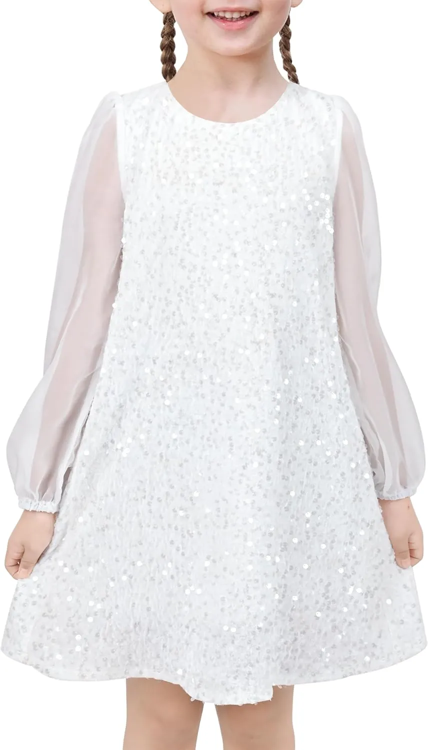 Sunny Fashion Girls Dress Black Sequin Sheer Mesh Long Sleeve Party Elegant Ball Gown