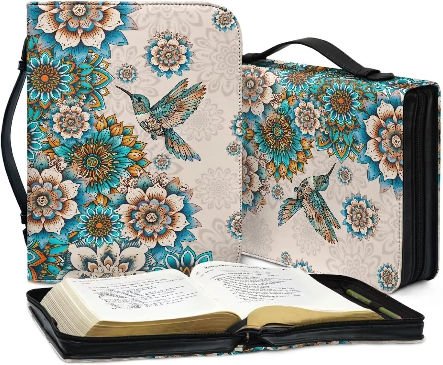 Suobstales Boho Mandala Hummingbird Print Bible Cover for Women Men Waterproof Bible Book Cover PU Leather Bible Case Church Bag with Handle Bible Study Tools Christian Tote Bags, XL