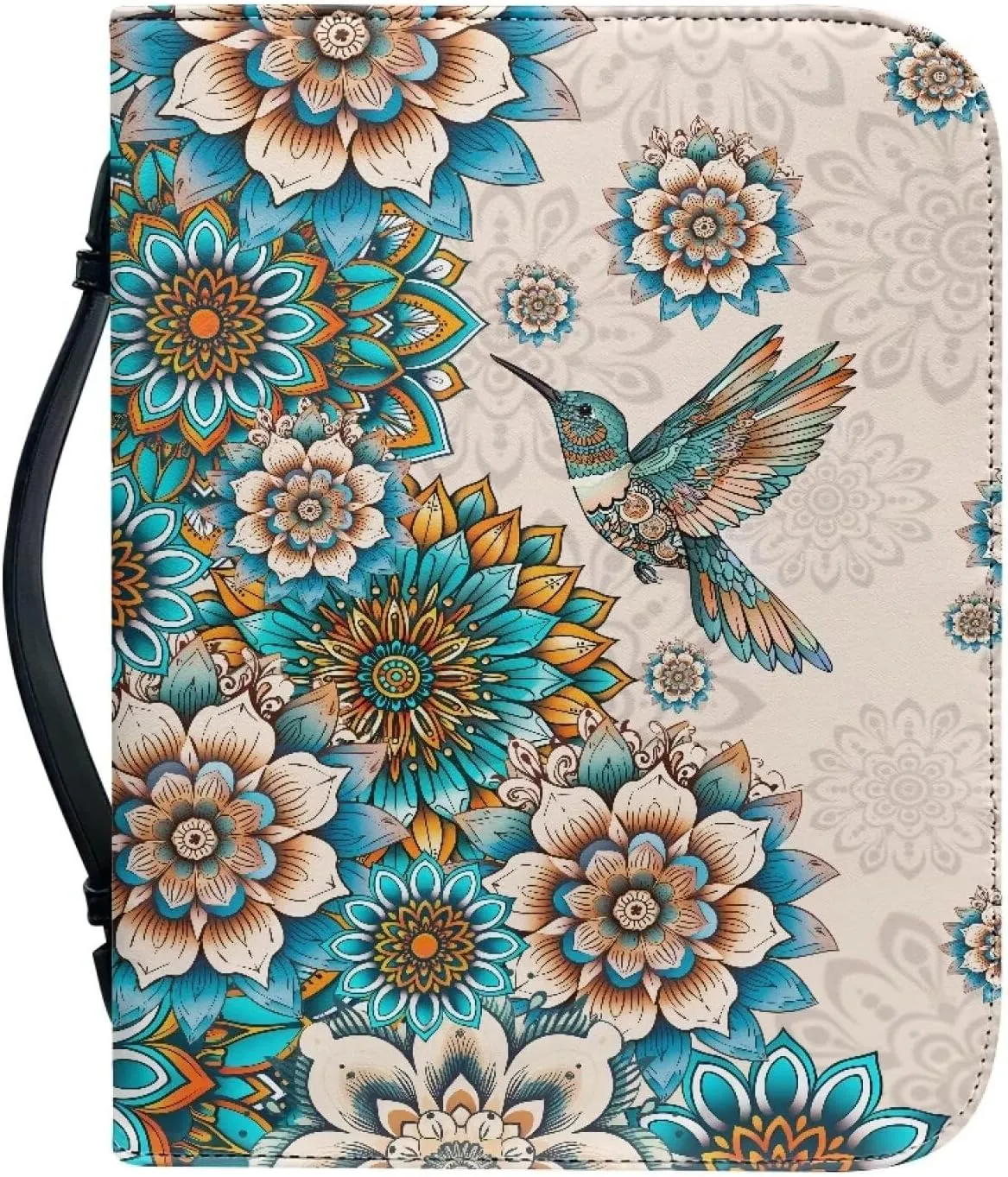 Suobstales Boho Mandala Hummingbird Print Bible Cover for Women Men Waterproof Bible Book Cover PU Leather Bible Case Church Bag with Handle Bible Study Tools Christian Tote Bags, XL