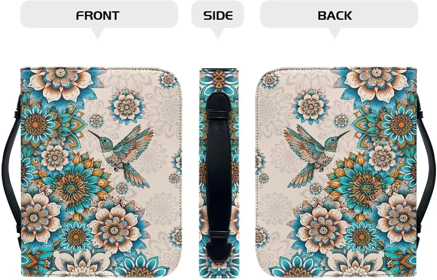 Suobstales Boho Mandala Hummingbird Print Bible Cover for Women Men Waterproof Bible Book Cover PU Leather Bible Case Church Bag with Handle Bible Study Tools Christian Tote Bags, XL
