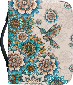 Suobstales Boho Mandala Hummingbird Print Bible Cover for Women Men Waterproof Bible Book Cover PU Leather Bible Case Church Bag with Handle Bible Study Tools Christian Tote Bags, XL