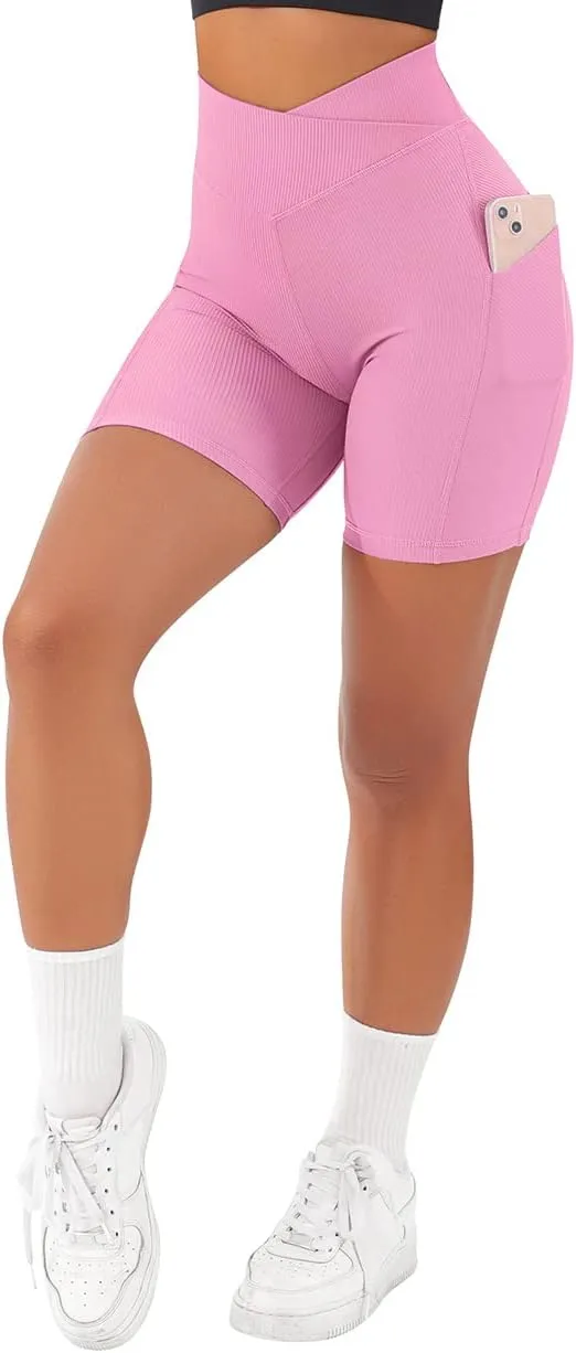 SUUKSESS Women Cross Workout Shorts with Pockets 5" High Waist Booty Biker Short