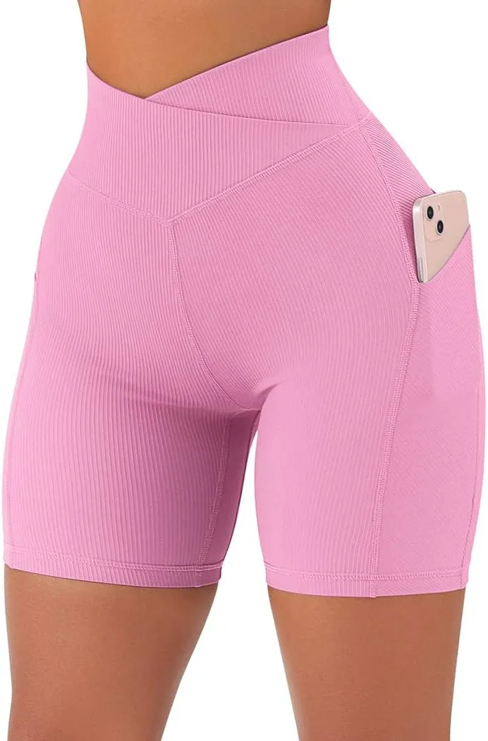 SUUKSESS Women Cross Workout Shorts with Pockets 5" High Waist Booty Biker Short