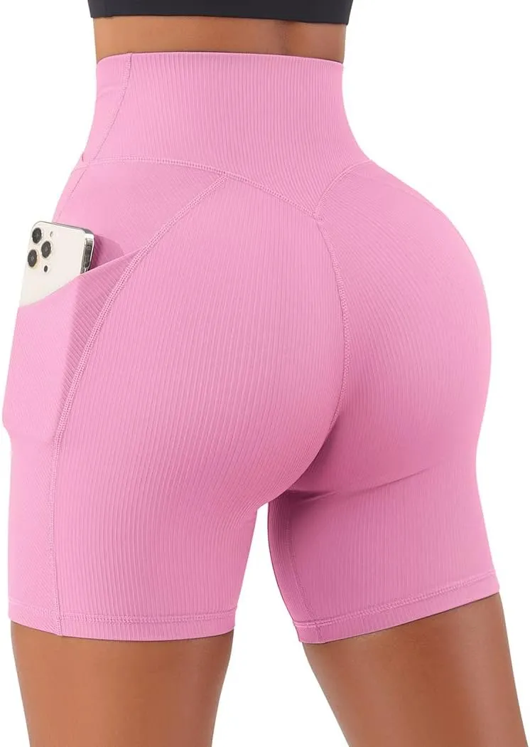 SUUKSESS Women Cross Workout Shorts with Pockets 5" High Waist Booty Biker Short