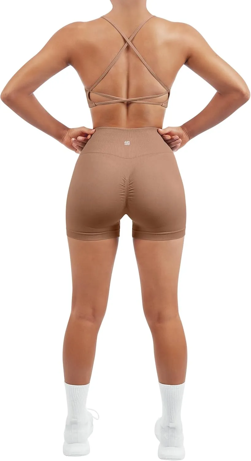 SUUKSESS Women Seamless Workout Sets Strappy Sports Bra High Waist Booty Shorts Outfits