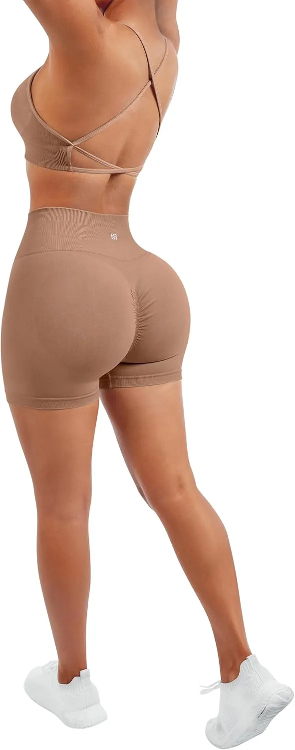 SUUKSESS Women Seamless Workout Sets Strappy Sports Bra High Waist Booty Shorts Outfits
