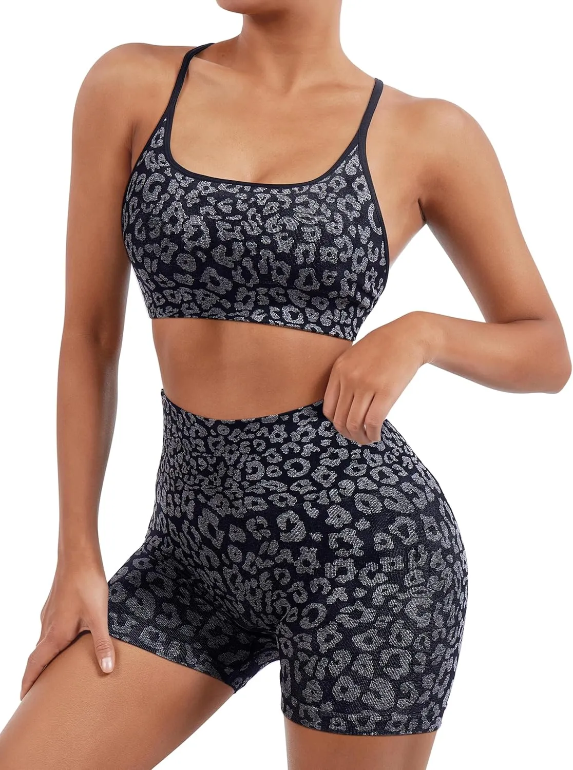SUUKSESS Women Seamless Workout Sets Strappy Sports Bra High Waist Booty Shorts Outfits