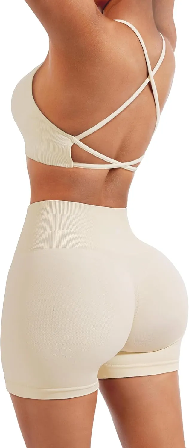 SUUKSESS Women Seamless Workout Sets Strappy Sports Bra High Waist Booty Shorts Outfits