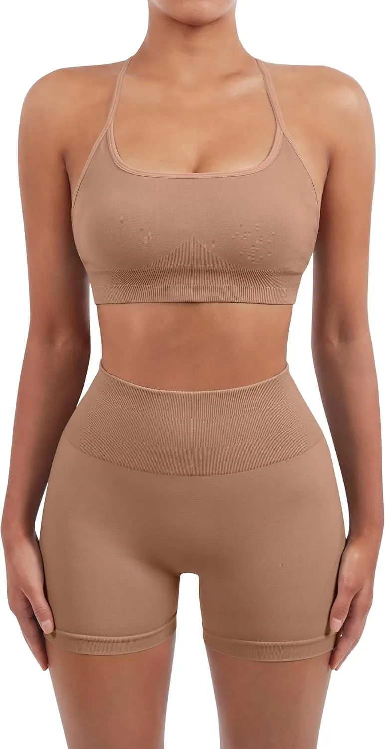 SUUKSESS Women Seamless Workout Sets Strappy Sports Bra High Waist Booty Shorts Outfits