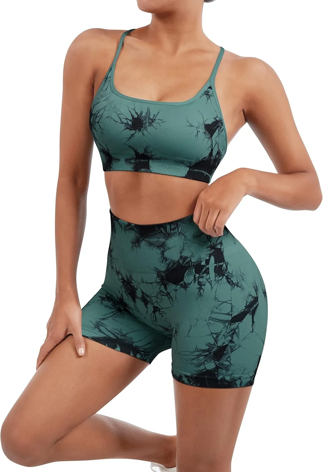 SUUKSESS Women Seamless Workout Sets Strappy Sports Bra High Waist Booty Shorts Outfits
