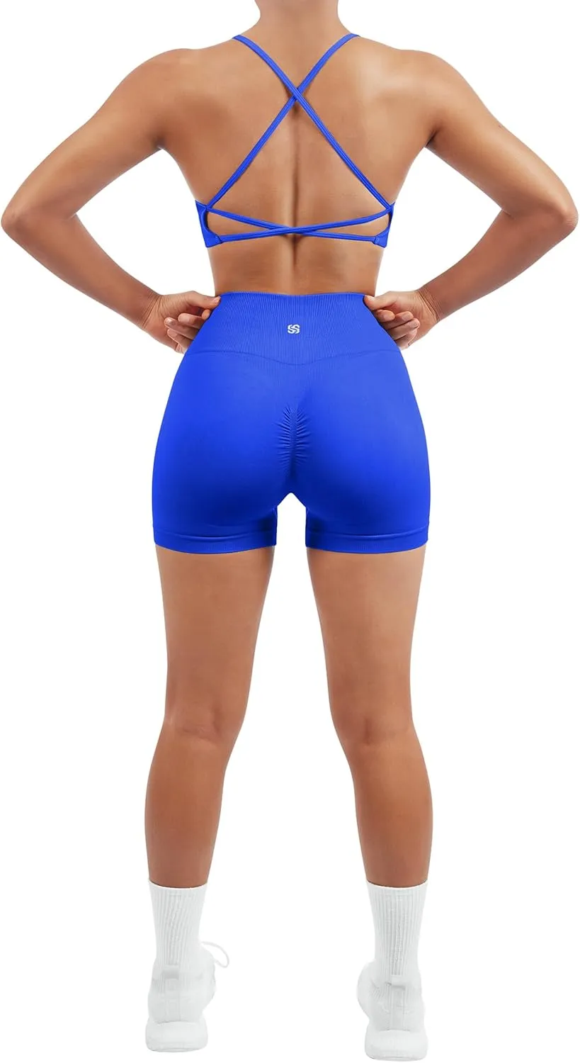 SUUKSESS Women Seamless Workout Sets Strappy Sports Bra High Waist Booty Shorts Outfits