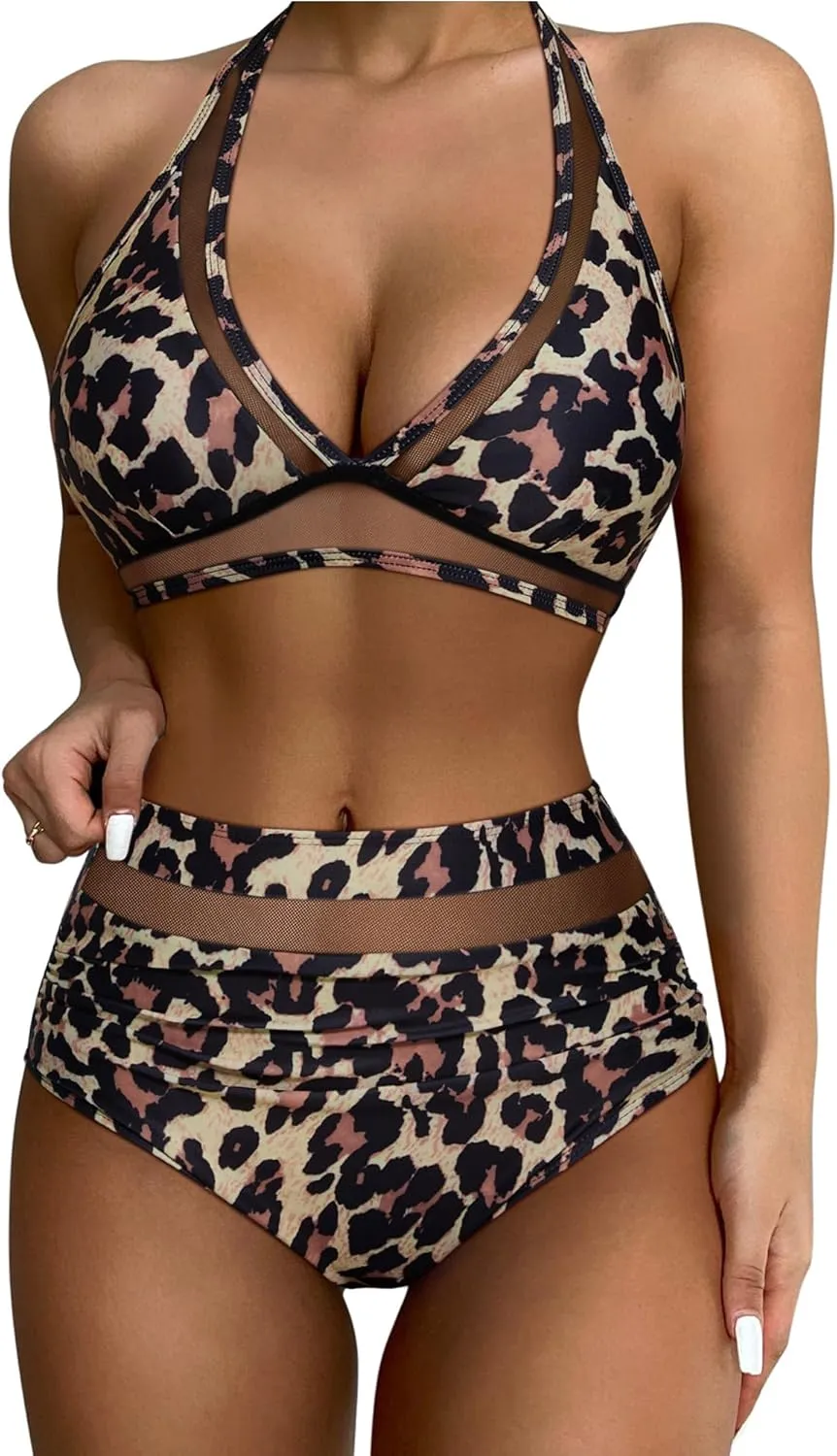 SUUKSESS Women Sexy High Waist Bikini Sets Mesh Tummy Control 2 Piece Swimsuits