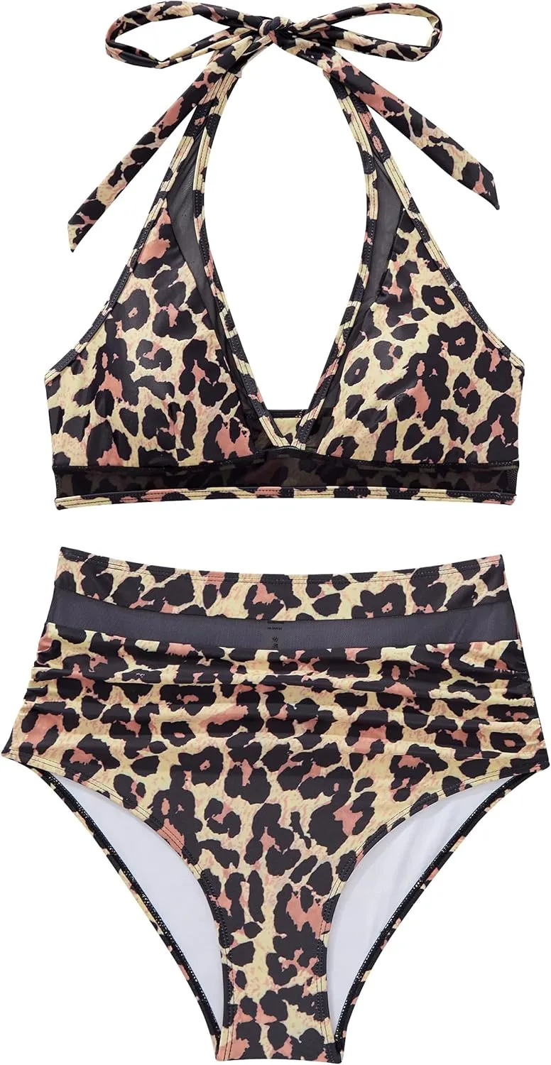 SUUKSESS Women Sexy High Waist Bikini Sets Mesh Tummy Control 2 Piece Swimsuits