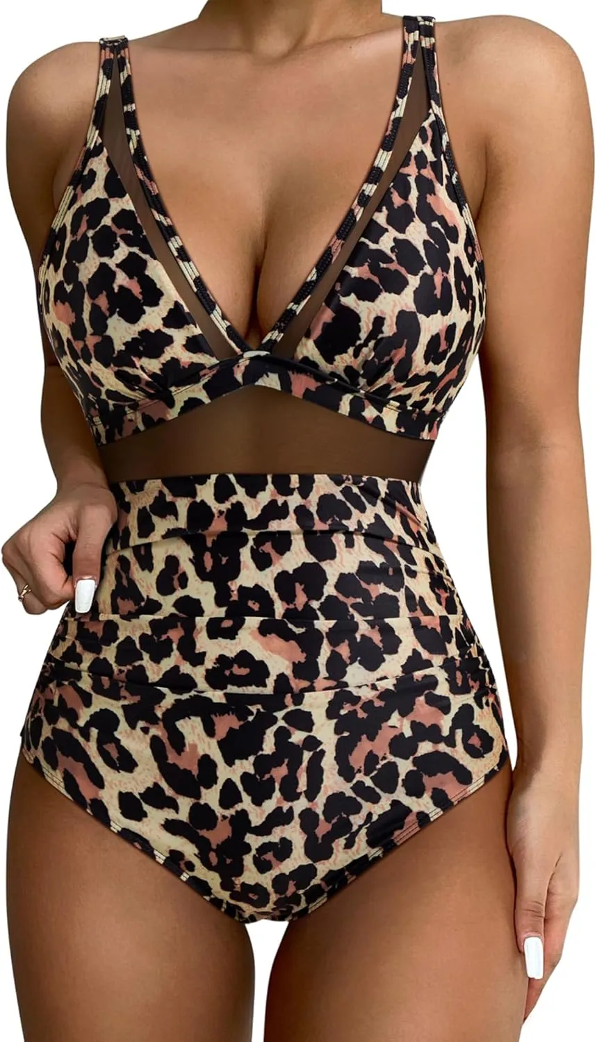 SUUKSESS Women Sexy Mesh Tummy Control Swimsuit Push Up High Waisted Bathing Suit