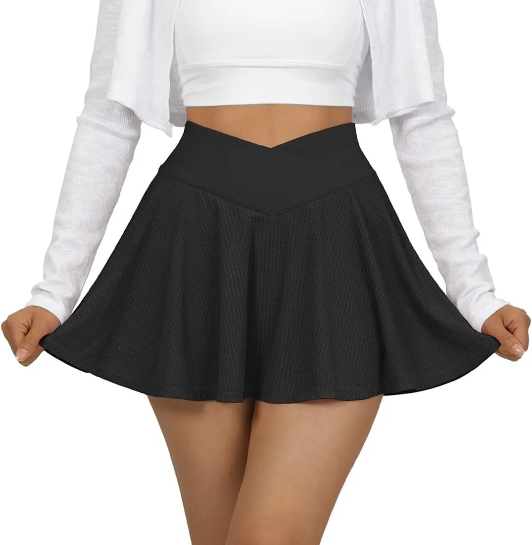 SUUKSESS Womens Pleated Tennis Skirt Crossover High Waisted Mesh Golf Skorts