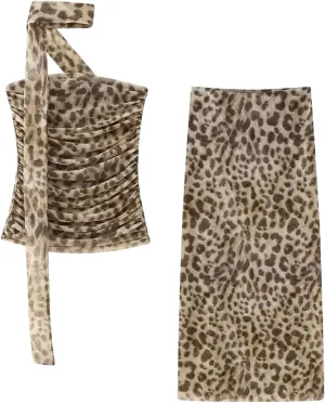 SweatyRocks Women's Leopard Print Skirts Set Sheer Strapless Tube Top and Maxi Skirts 2 Piece Summer Outfits