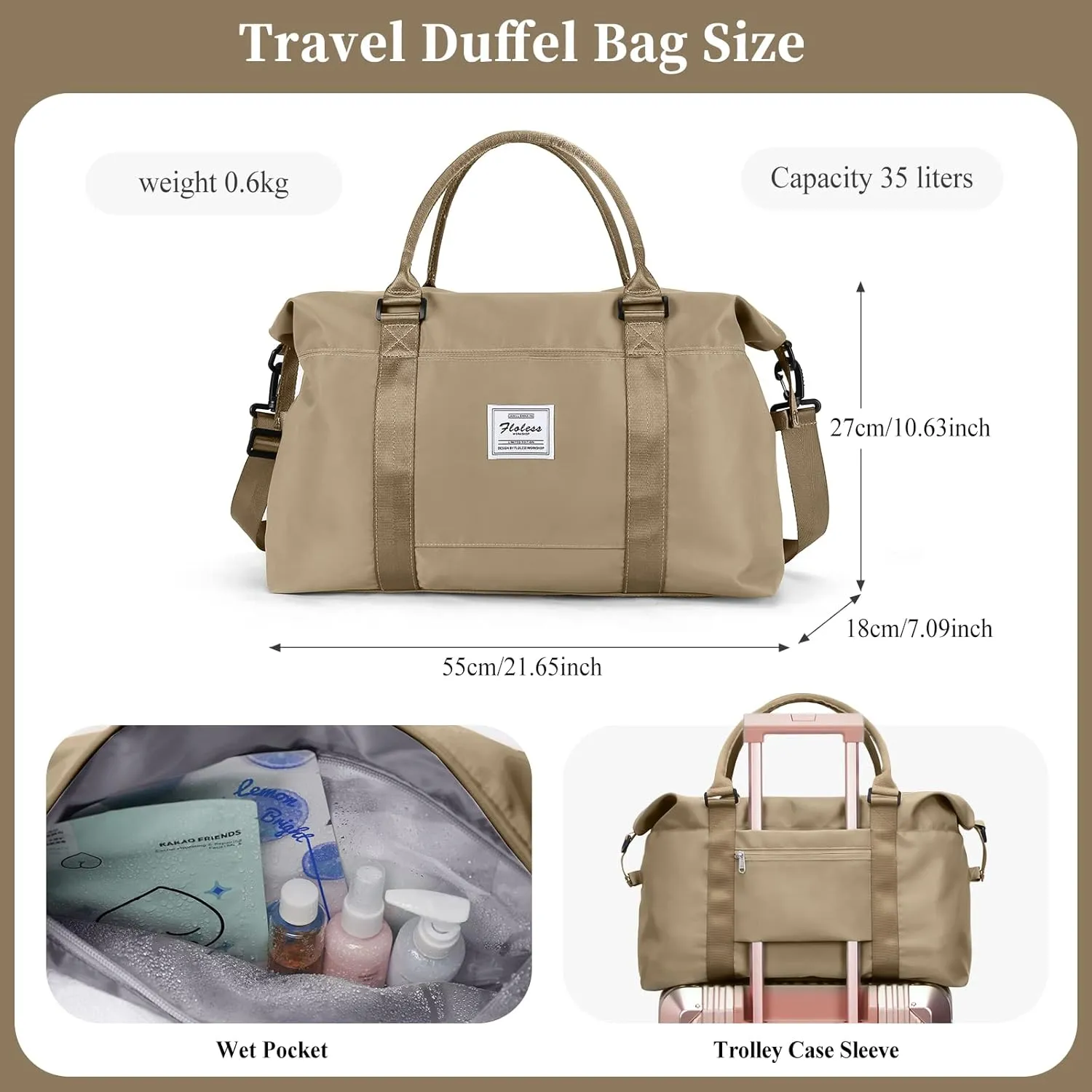 SYCNB Weekender Bags for Women,Travel Duffel Bag with Toiletry Bag,Overnight Weekend Carry On Personal Item Bag with Wet Pocket & Trolley Sleeve,Gym Bag,Light Khaki