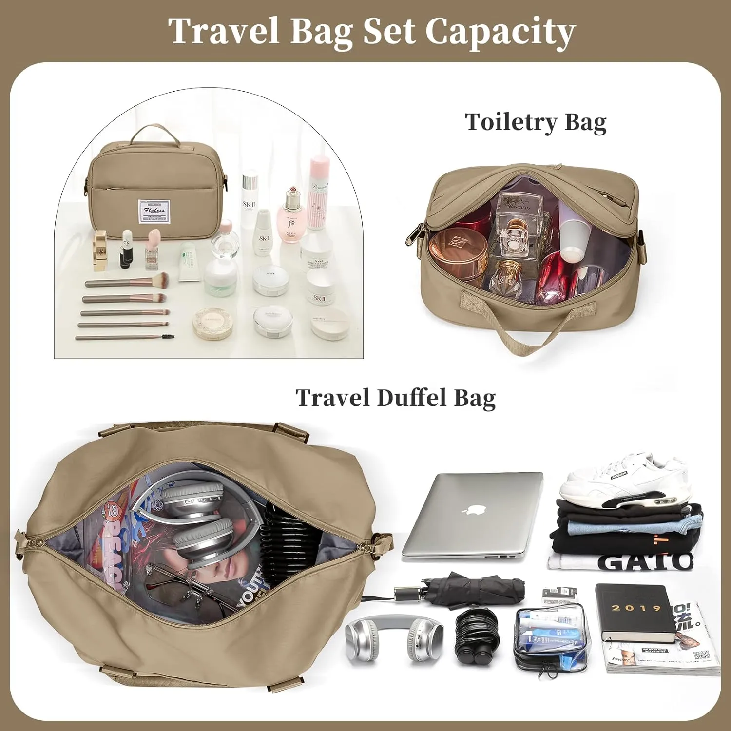 SYCNB Weekender Bags for Women,Travel Duffel Bag with Toiletry Bag,Overnight Weekend Carry On Personal Item Bag with Wet Pocket & Trolley Sleeve,Gym Bag,Light Khaki