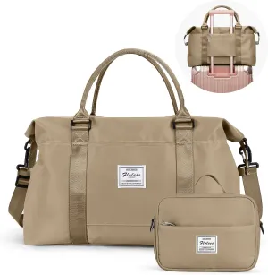 SYCNB Weekender Bags for Women,Travel Duffel Bag with Toiletry Bag,Overnight Weekend Carry On Personal Item Bag with Wet Pocket & Trolley Sleeve,Gym Bag,Light Khaki