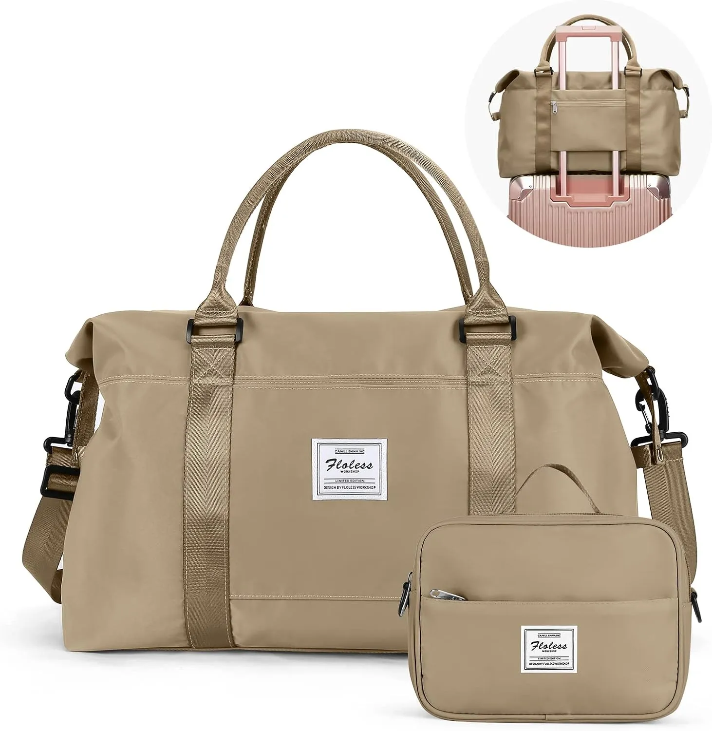 SYCNB Weekender Bags for Women,Travel Duffel Bag with Toiletry Bag,Overnight Weekend Carry On Personal Item Bag with Wet Pocket & Trolley Sleeve,Gym Bag,Light Khaki