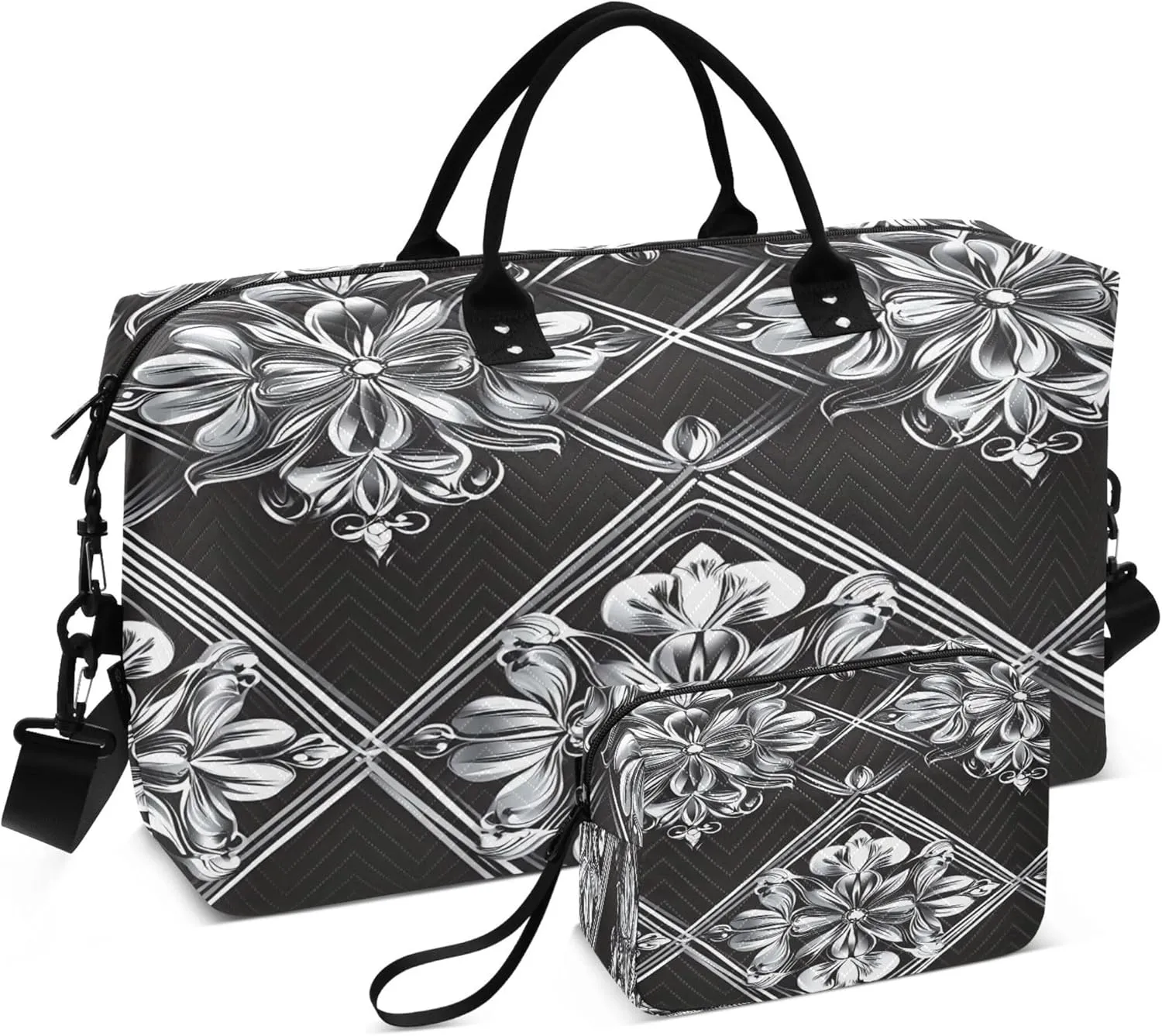 Symmetrical Floral Travel Duffel Bag for Women Weekend Overnight Dag with Toiletry Bag, Luggage Bag for Travel, Sport, Gym
