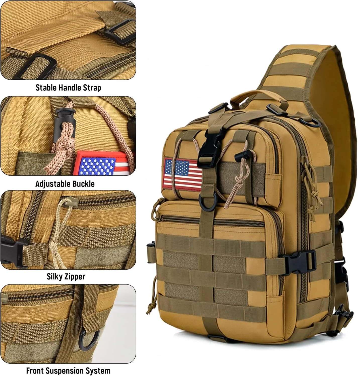 Tactical Sling Bag Backpack, Military Rover Shoulder Sling Pack, EDC Molle Assault Range Bag, Crossbody Chest Bag for Men (Khaki)