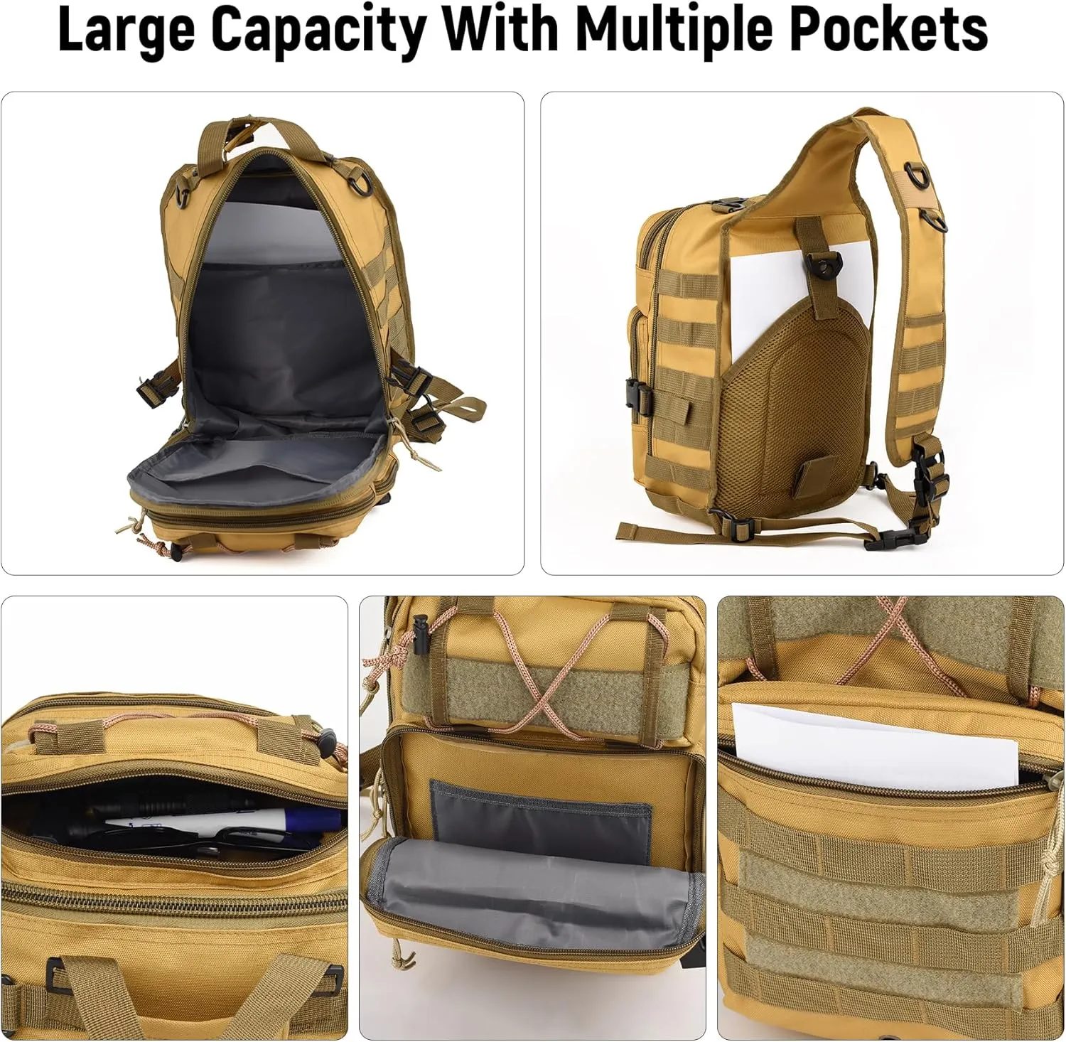 Tactical Sling Bag Backpack, Military Rover Shoulder Sling Pack, EDC Molle Assault Range Bag, Crossbody Chest Bag for Men (Khaki)