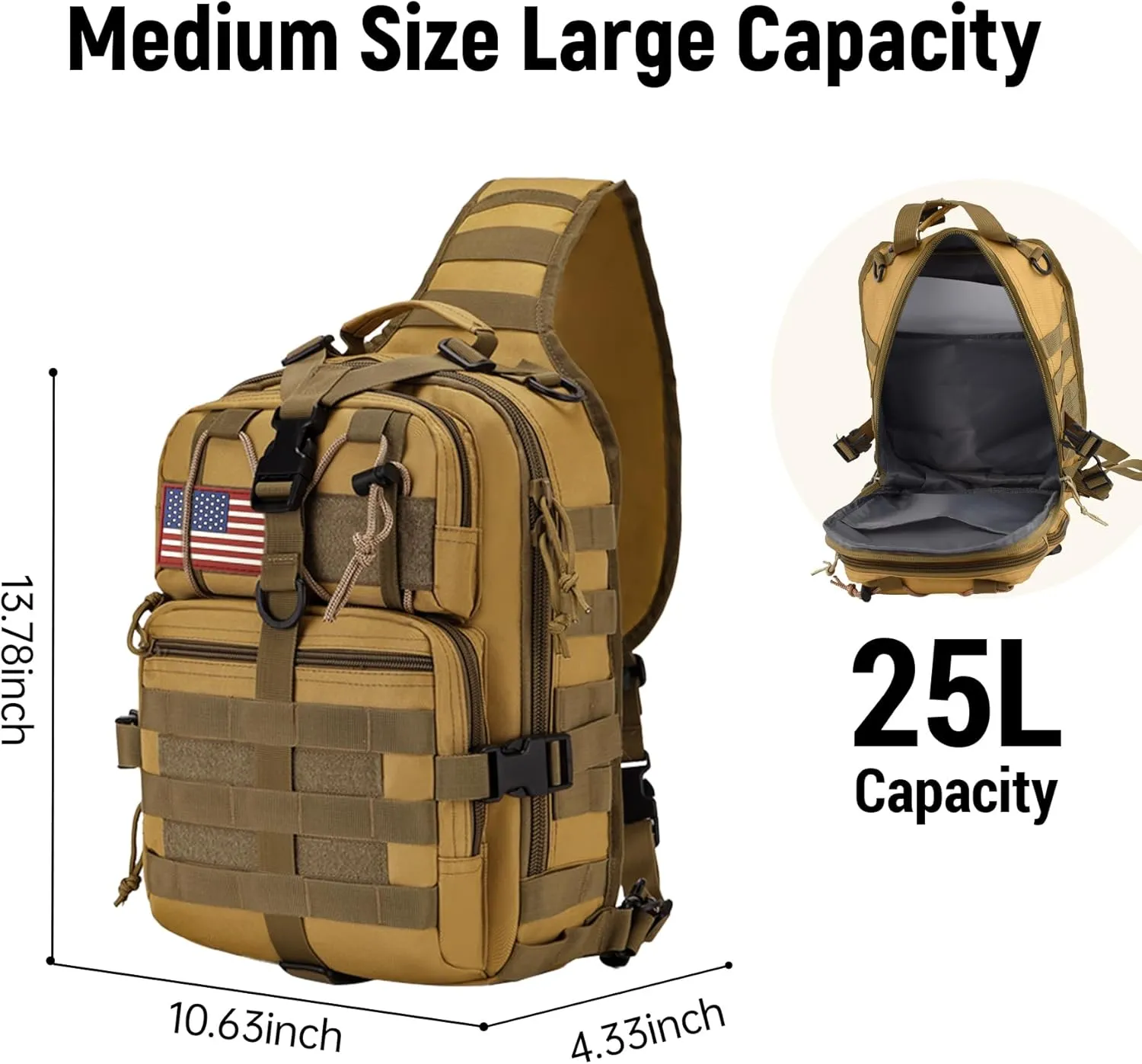 Tactical Sling Bag Backpack, Military Rover Shoulder Sling Pack, EDC Molle Assault Range Bag, Crossbody Chest Bag for Men (Khaki)